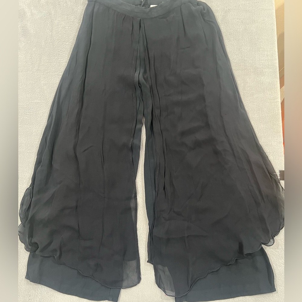 Styleworks Women Rayon Black Wide Leg Layered Sheer Flowy Palazzo Pants Boho 14